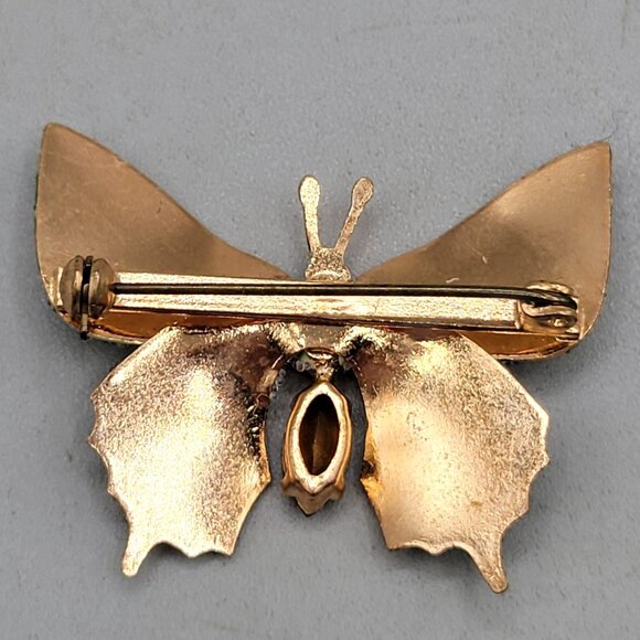 Vintage Sugared Enamel Green Butterfly Brooch Pin Rhinestone Body - Picture 2 of 2